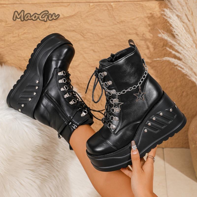 High Platform Women's Ankle Boots Black PU Leather Side Zip Chain Decor Ladies Punk Botines Women Autumn Boots Size 35-43