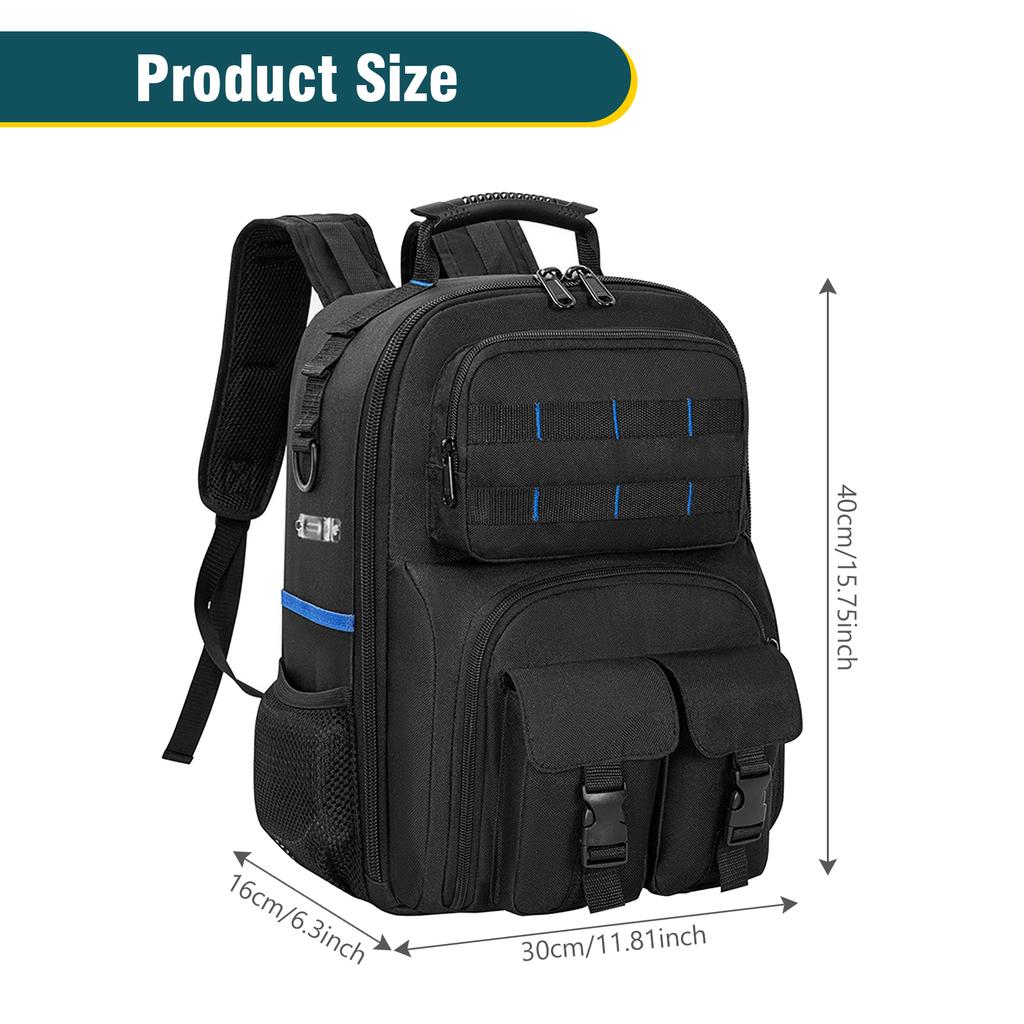 Multi-Compartment Heavy-Duty Tool Backpack Large Capacity Durable with Multi-Use Pockets for Electricians & Construction Workers