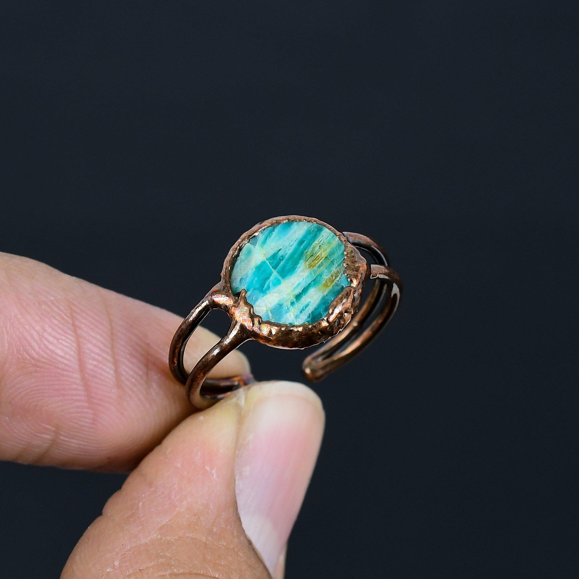 

Кольцо из амазонита ручной работы, кольцо из электроформированной меди, антикварное украшение, регулируемое кольцо, подарок на помолвку