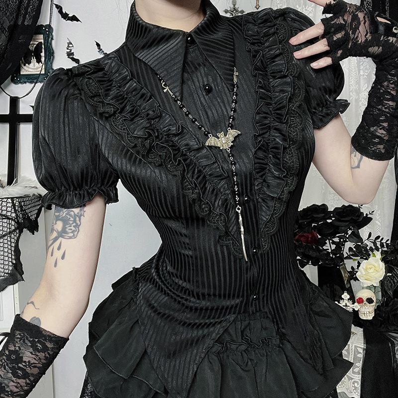 GlowGirl Goth Dark Kawaii Black Short Sleeve Buttons Shirt Lace-up Blouses Mall Gothic Slim Lapel Collar Stripe Shirts Women Alt Techwear