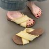 Famous Style Retro Woven One-word Drag Girl Summer 2025 New Outer Wear Seaside Vacation Sexy Open-toed Beach Shoes
