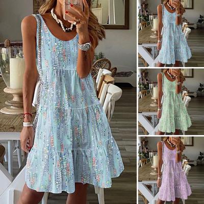 Women Dress Round Pleated Knee Swing Sleeveless Sequin Big Neck Loose A-line Patchwork Length Vacation