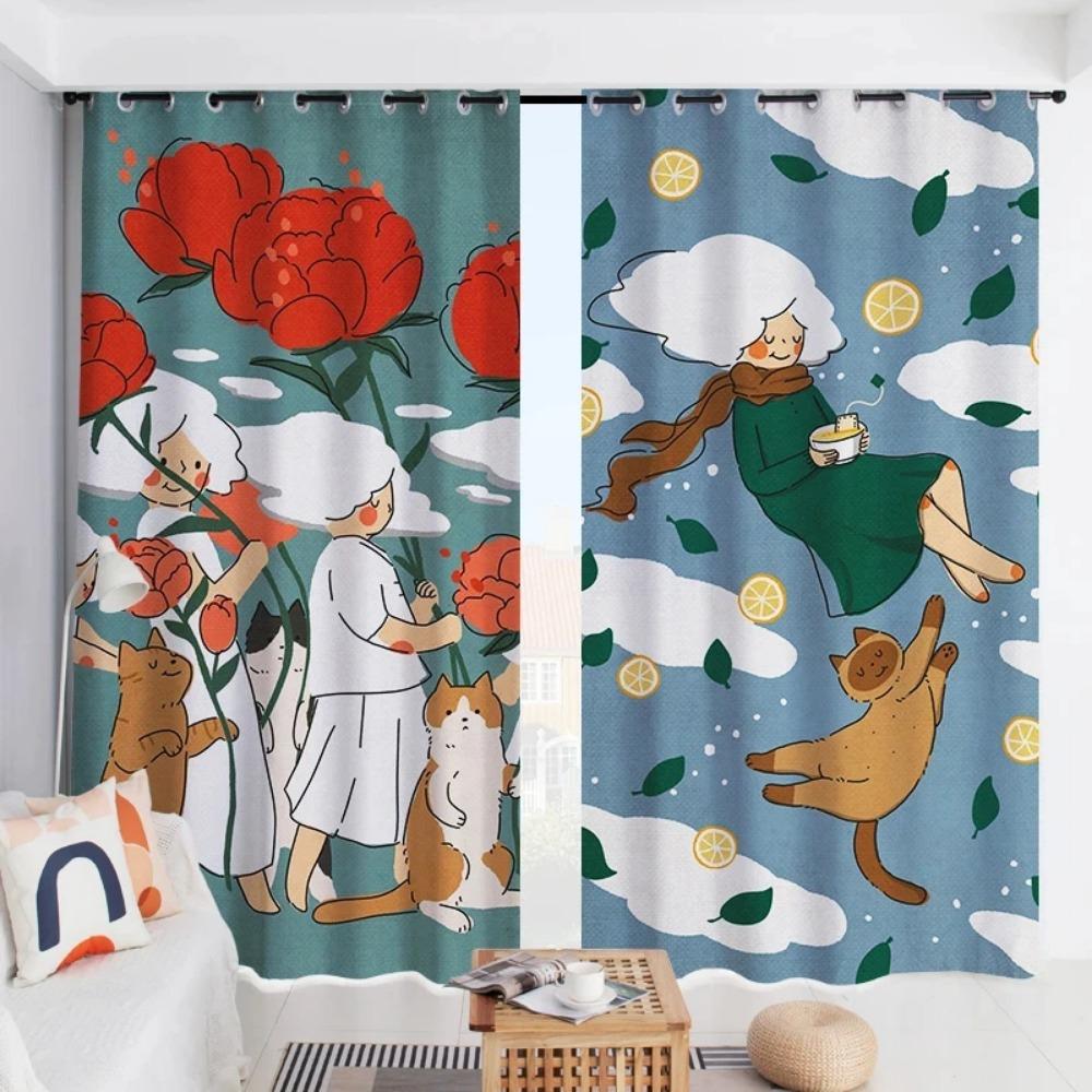 Cute Cat Dog Cartoon High Blackout Curtain Flowers Pattern Bedroom Living Room Bay Window Thick Clackout Drape New Style C