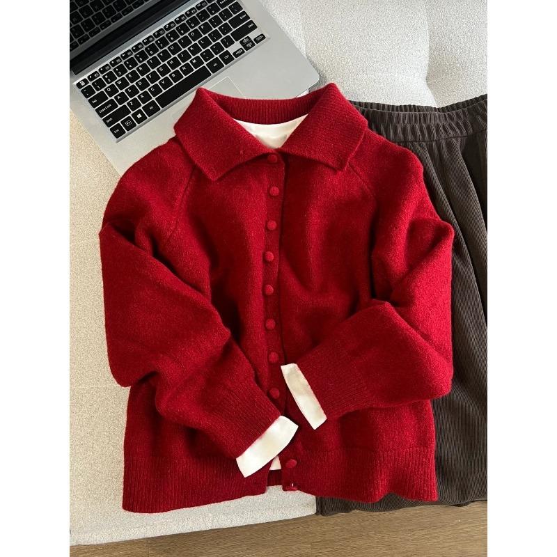 

Milk yellow age-reducing dopamine knitted top cardigan women s autumn and winter single-breasted lapel shoulder sleeve sweater jacket L красный