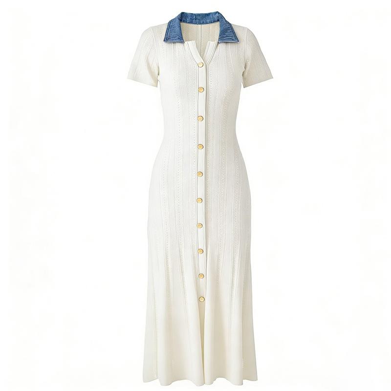 

Solid Slimming Denim Spliced Single-buttons Knit Dresses for Women Turn Down Collar Short Sleeves Patchwork Elegant Dress Female One size