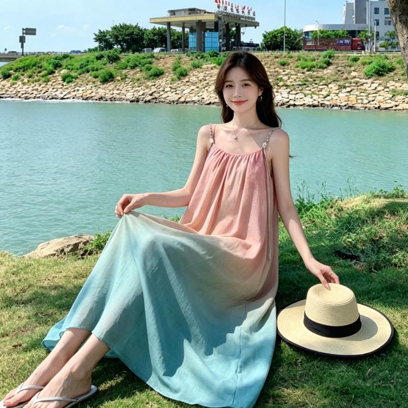 Seaside Vacation Style Stunning Sleeveless Loose Beach Dress, Summer Dopamine Camisole Dress for Women, Super Ethereal Atmosphere