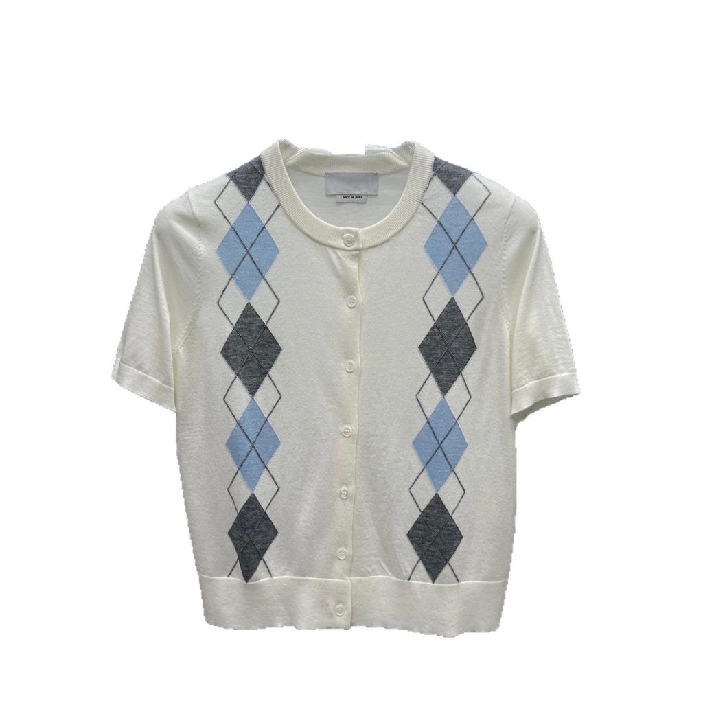 TB summer short-sleeved women's college wind-ringed plaid cardigan Korean version of college style slim-fitting and thin round neck short-sleeved
