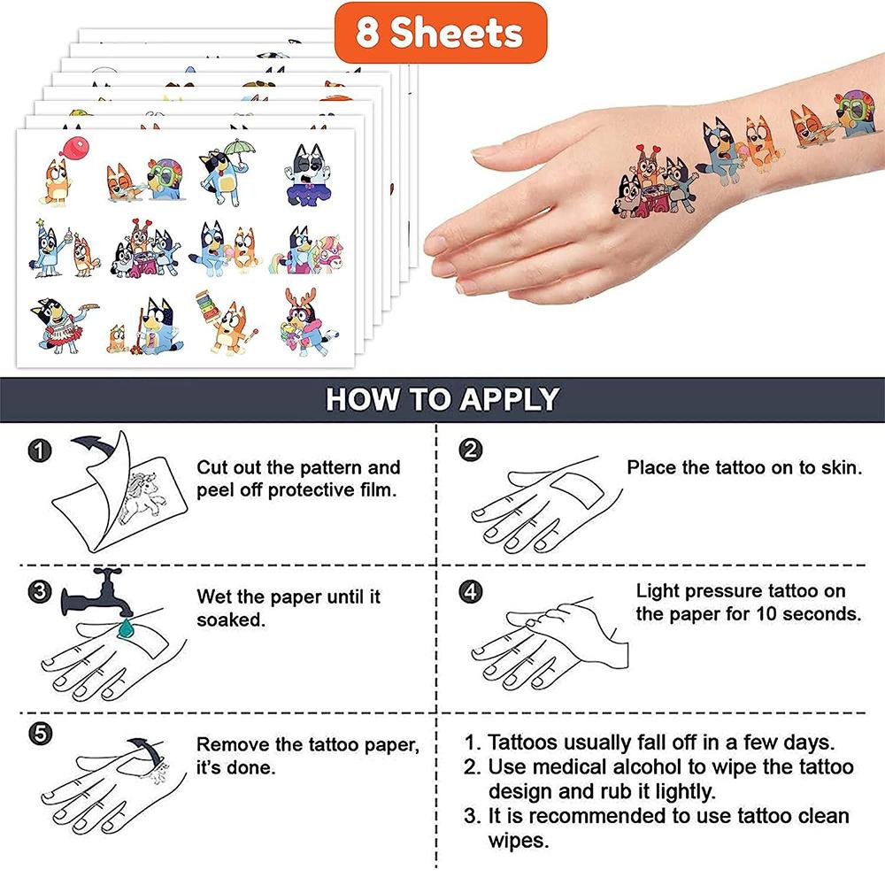 8 Sheets BLUEY Themed Temporary Tattoos Cartoon Sticker Tattoos Gift for Kids