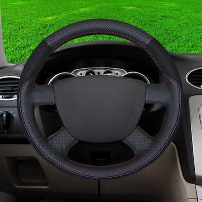 GNUPME DIY Customized Name Hand-Stitched Black Genuine Leather Car Steering Wheel Cover for Ford Focus Kuga Mondeo Edge