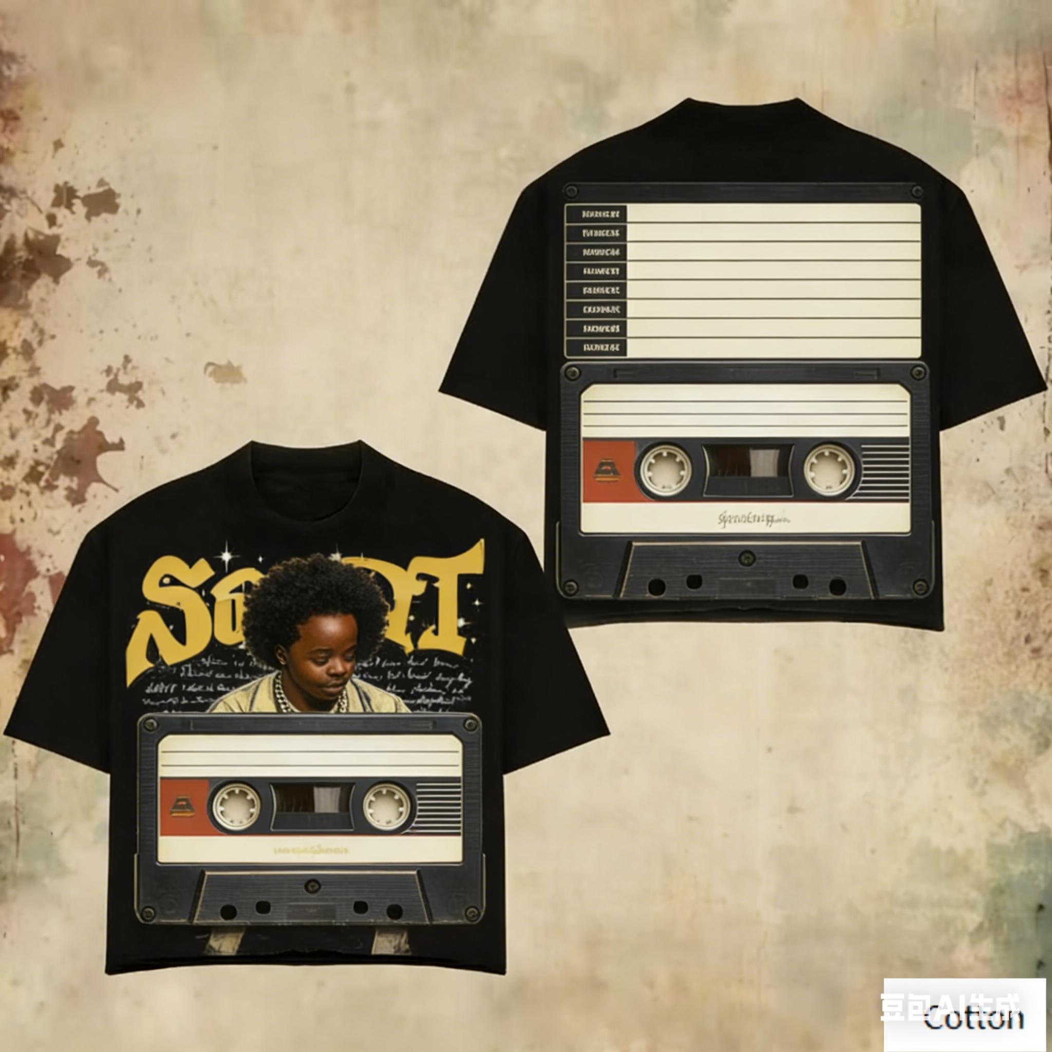

Oversized Black Cotton TShirt with Bold Retro Cassette Tape Graphic and Portrait Print Unisex Streetwear Tee M