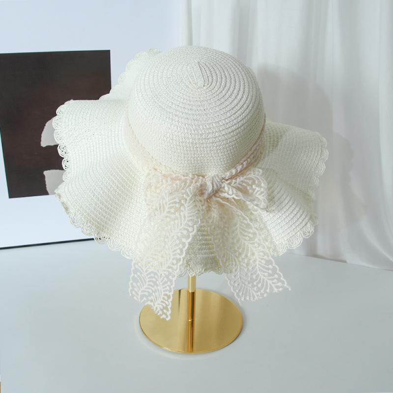 Straw hat female lace bow large brim foldable sunscreen visor seaside beach sweet bucket hat