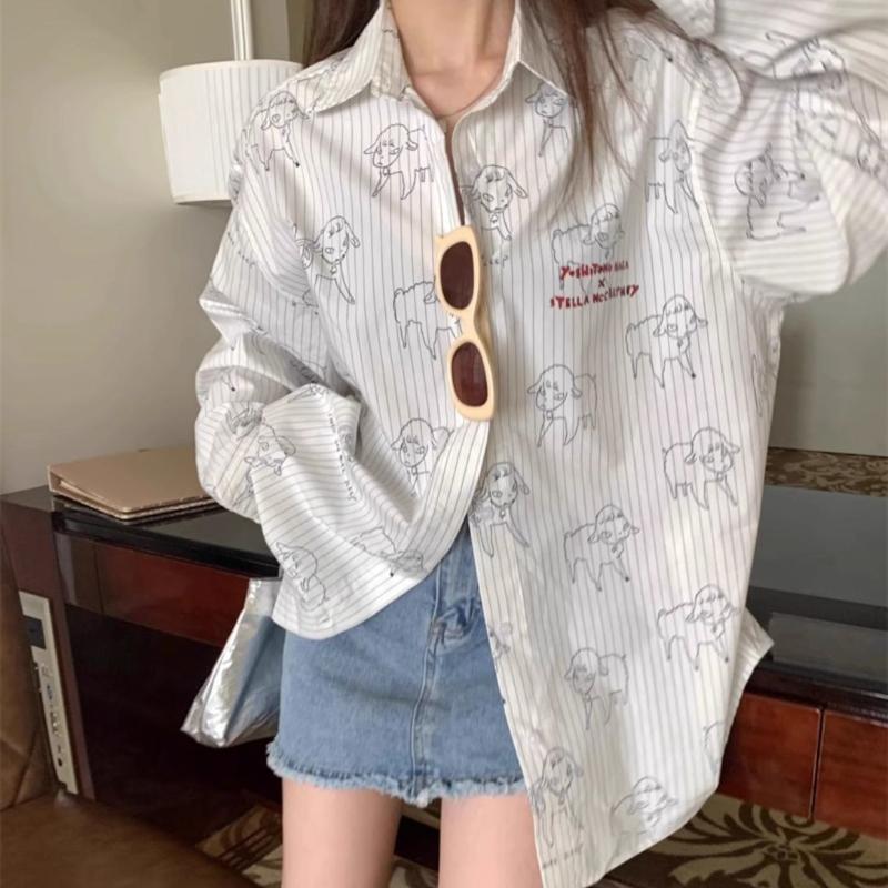 

Женская полосатая белая рубашка с длинным рукавом Весенне-летняя шикарная рубашка с мультяшным принтом Однобортная с лацканами Женская одежда XL