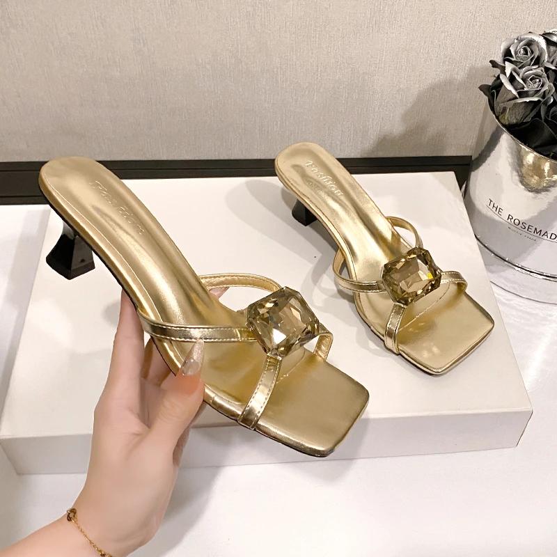 Fashion New Style Fashion Rhinestone One Word Cool Drag Women's Summer Square Toe Open Toe Slim Strap Stiletto Women's High Heel Sandals
