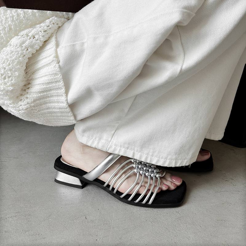 Krazing Pot Straw Weaving Summer Size 40 High Quality Slip on French Chic Thick Heels Women Peep Toe Sandals