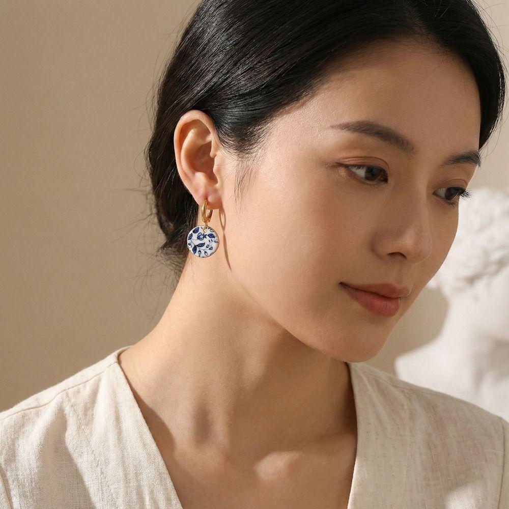 Chinese Style Blue and White Porcelain Earrings Dripping Oil Gold Enamel Hoop Earrings  Women