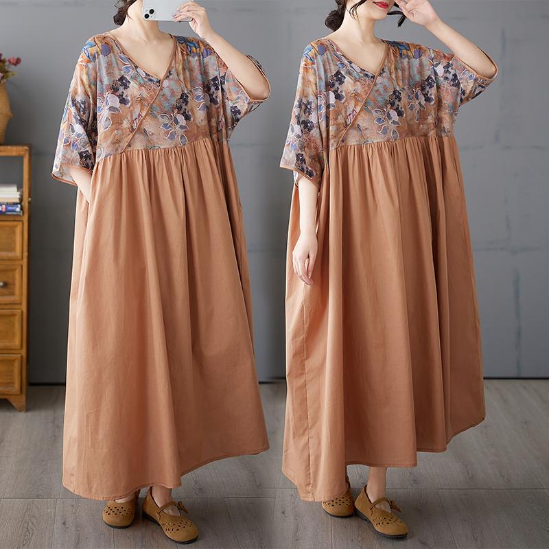 Dimanaf 2025 Summer Plus Size Dress Women Casual Linen Dress Loose Basic Floral Long Vintage Dress Maxi