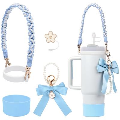 4pcs Accessories for Stanley 10mm Flower Straw Cap Pearl Chain Keychain Spill Proof Stopper Water Cup Handheld Lanyard Gift
