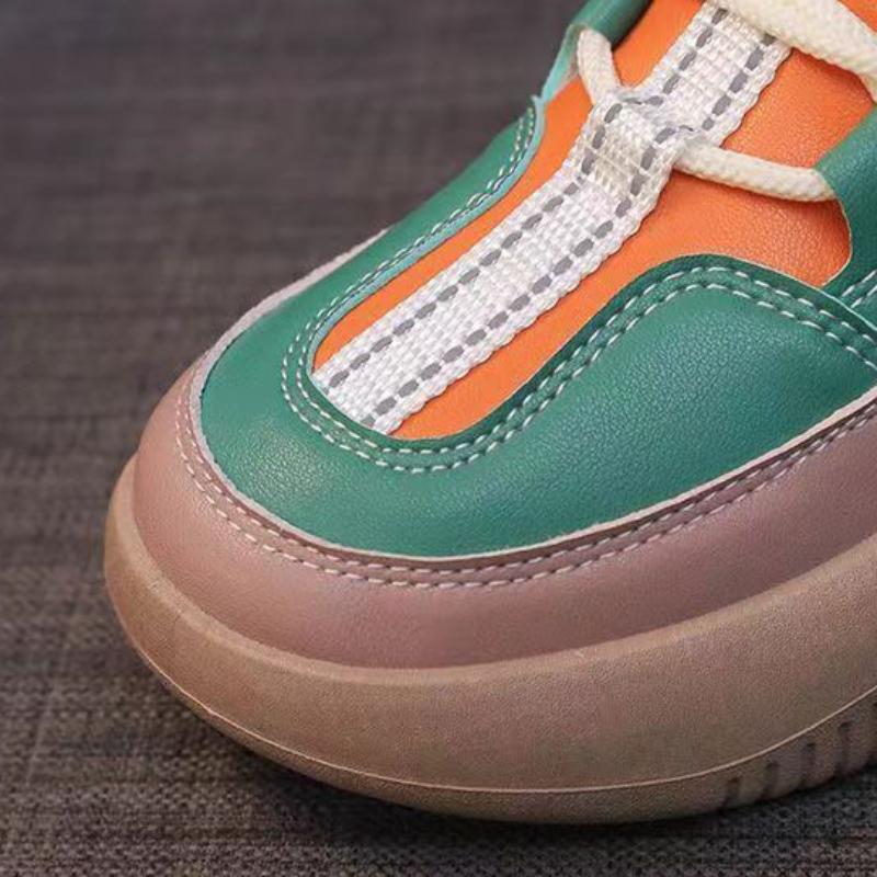 Trendy Mixed Color Sneakers New Women's Leather Thick Bottom Low-top Casual Shoes Comfortable Walking Flats Zapatillas Mujer