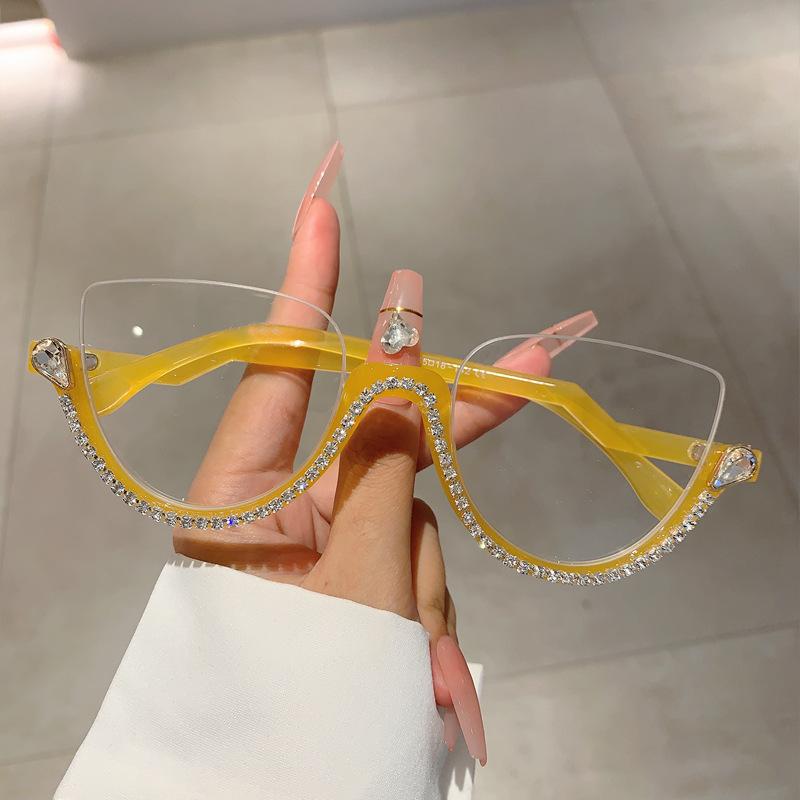 

Women S Anti Blue Light Half Frame Imitation Diamond Flat Glasses Transparent Frame Fashionable Protective Glasses Anti Blue Light