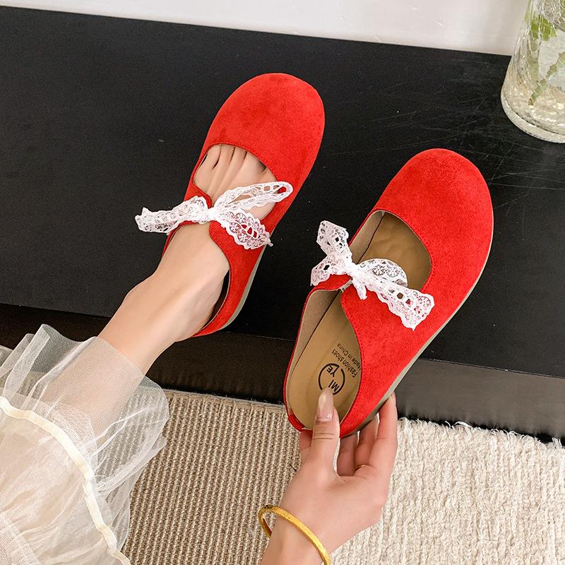 

Кружевной бант, сумка, голова, полушлепанцы, женские, весна и лето 2025, новые, для улицы, на плоской подошве, универсальные, в балетном стиле, полушлепанцы 40 красный
