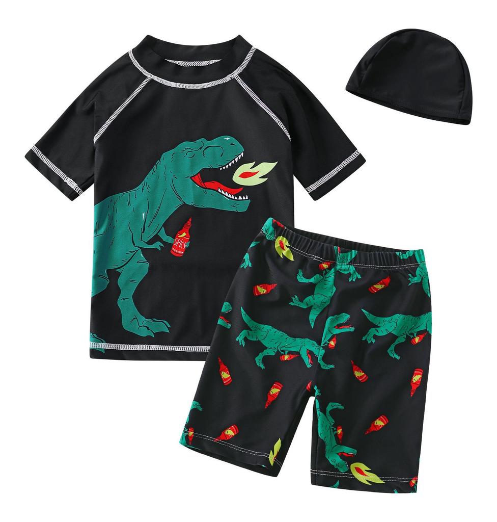 European & American Boys' Dinosaur Print Quick-Dry Sun Protection Swimsuit Set (Swim Shorts + Two Tops)