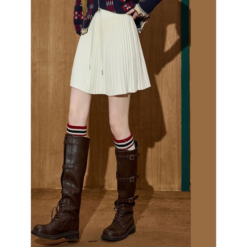 Coolhut Lace-Up Elastic Waist Slimming Knitted Pleated High-Waisted Preppy Style 2026 Winter Half Skirt