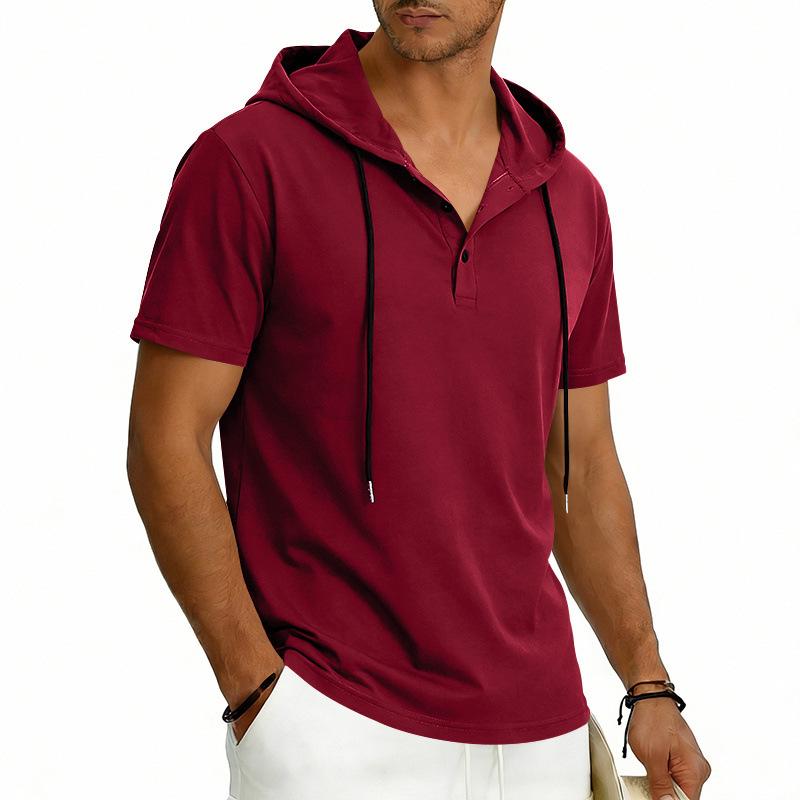 Men's Hooded Henley T Shirt, Summer Short Sleeve Regular Fit Breathable Sports Pullover Top