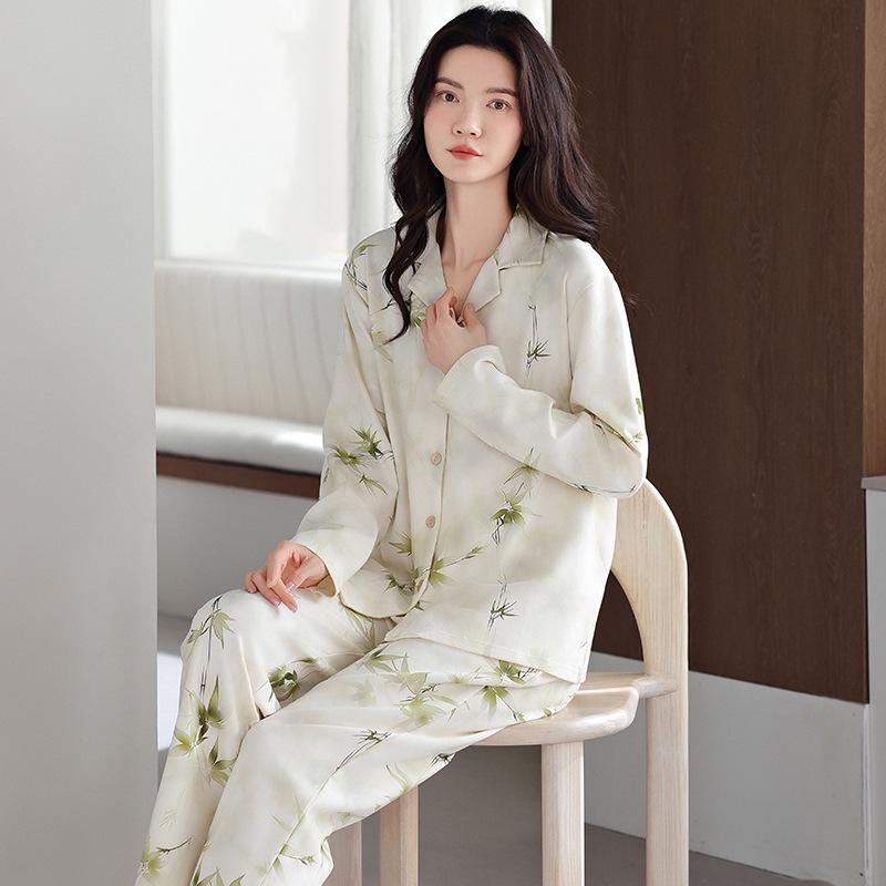 Women's Pure Cotton Long Sleeve Pajama Set - Casual Two-Piece with Simple Print for Home or Outwear