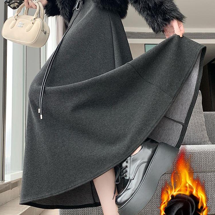 Women's Gray Velvet Woolen A-Line Skirt: Elastic Waist, Warm Half-Length Winter Style with Wide Hem