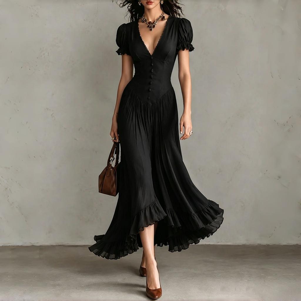 European and American French Elegant Medium Long Sexy Deep V-Neck Short Sleeve TikTok Spot Long Dress Dress