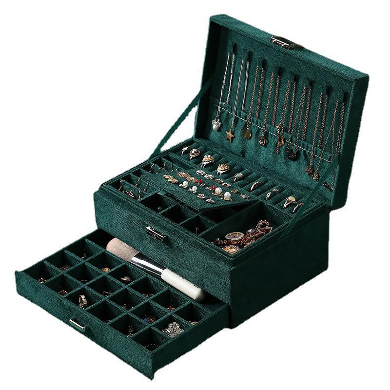 Lockable Three-Layer Velvet Jewelry Box with Earring, Ring, and Bracelet Storage