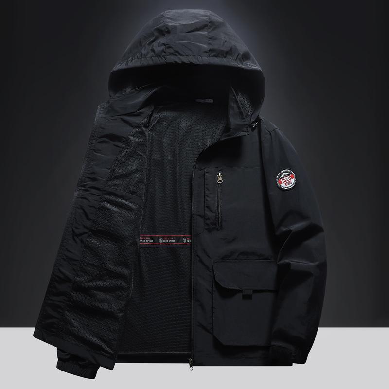 Spring and Autumn Hooded Jacket Men's Multi Pocket Outdoor Casual Jacket Windproof and Breathable Mountain Climbing Sports Casual Top