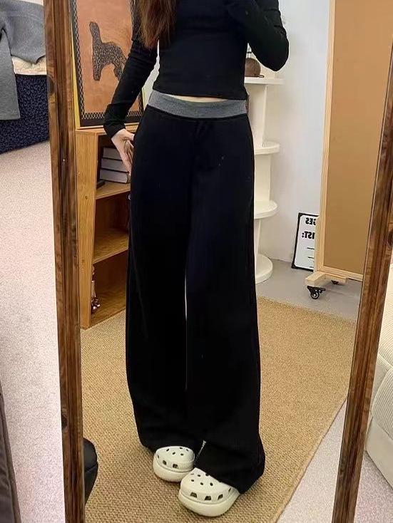 Plus Size Women's High Waist Patchwork Sports Pants - Loose Slimming Wide Leg Floor Length