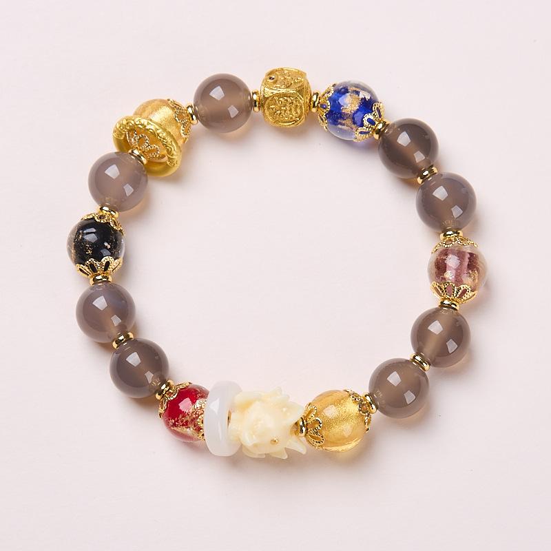 Yongxiang-style Beijing Incense Ash Glass Bracelet with Pink Porcelain Nine-tailed Fox and Gold Foil, Good Luck Bracelet, Gift for Best Friends