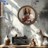 2D Flat Sacred Heart of Jesus Themed Round Wooden Plaque,Classic Style Home Decor for Living Room or Office,Life Wooden Decor for Bedroom Living