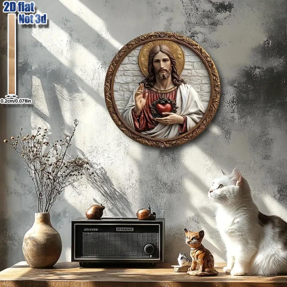 2D Flat Sacred Heart of Jesus Themed Round Wooden Plaque,Classic Style Home Decor for Living Room or Office,Life Wooden Decor for Bedroom Living
