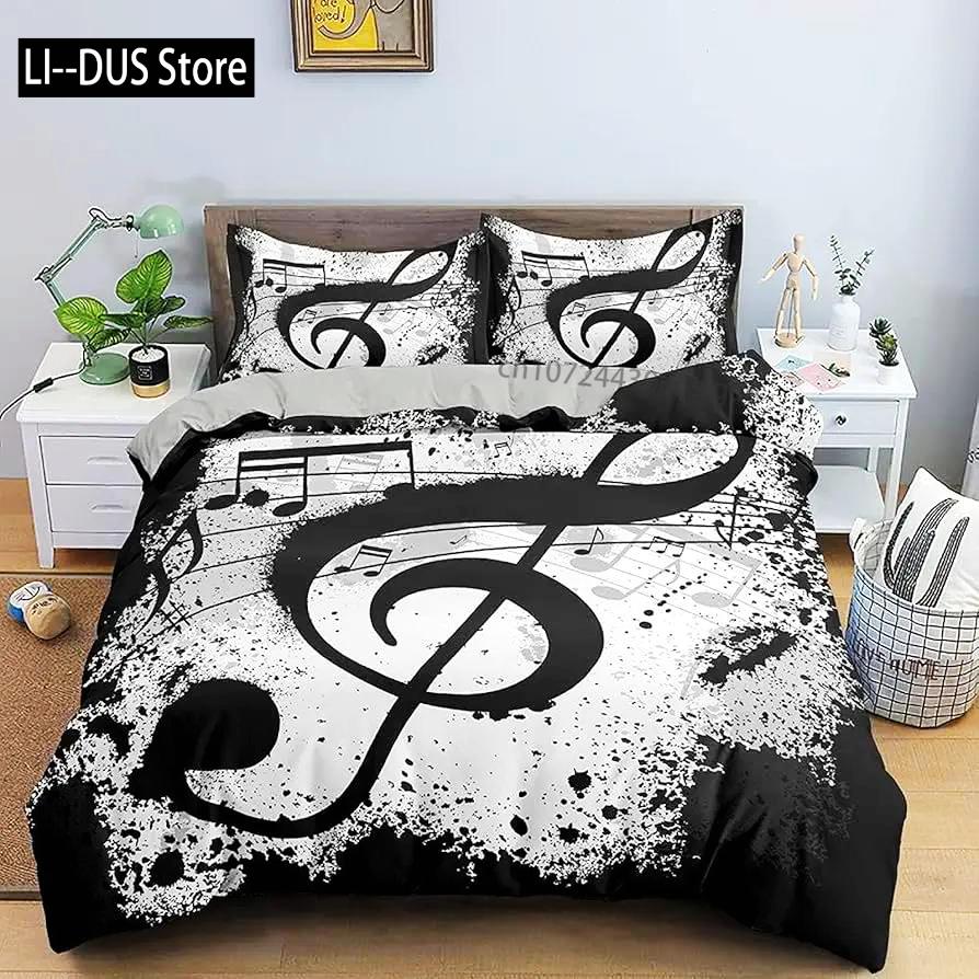 Music Notes Duvet Cover For Boys,Girls Room Decor Rock Music Themed Comforter Cover Musical Pattern Bedding Set Full Queen Size