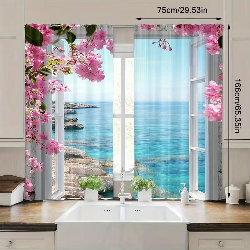 2 Pcs Seaside flower scenery print curtains,suitable for bedroom,living room kitchen decoration,home decoration,window decor
