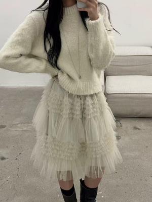 Korean MORE THAN YESTERD*Y Winter 25 Mesh Cake Lace Skirt