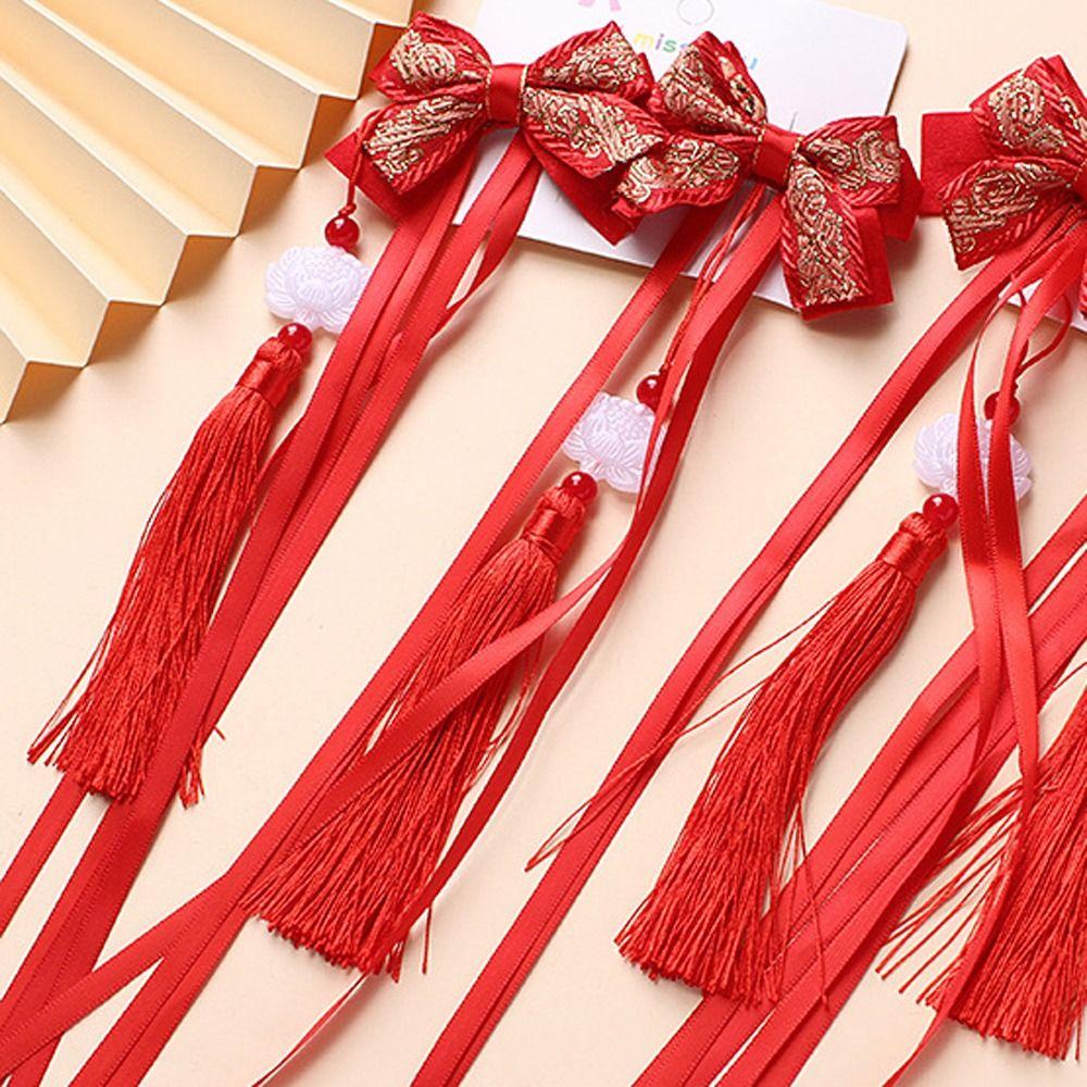 2pcs Chinese Style Baby Wig Hairpin Curly Red Bowknot Hairclip Children's Bow Wig  New Year Festive