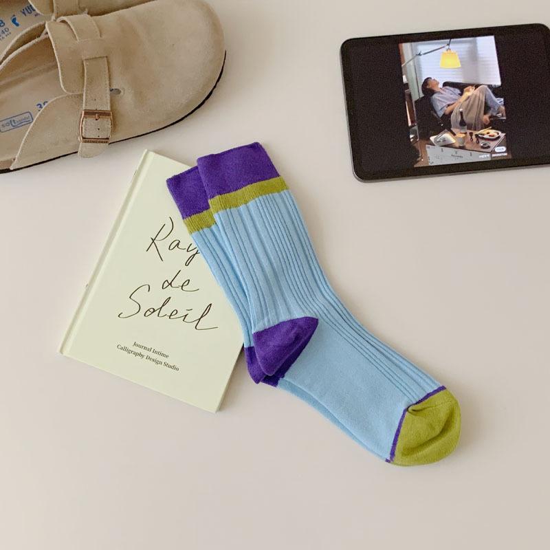 Female Spring and Summer New Trend Match Color Embroidery In Long Tube Cotton Socks