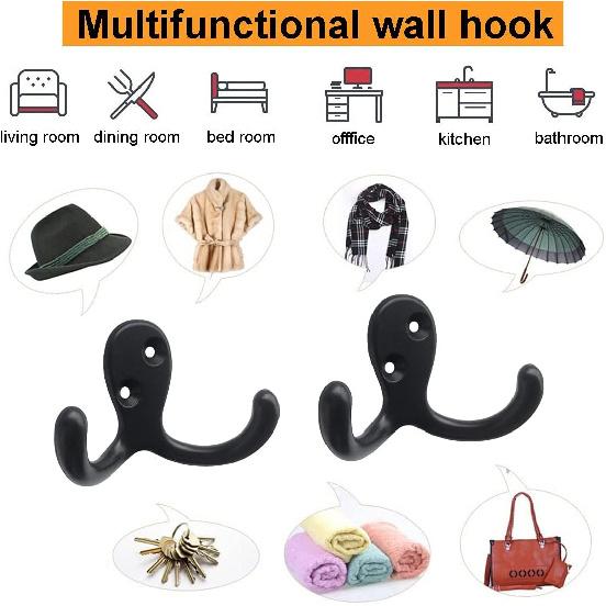 Coat Hooks Hardware, 10Pcs Wall Hooks Heavy Duty Hooks for Hanging Coats No Rust Double Robe Hook Wall Mounted for Key Towel Bags Cup Hat (Black)
