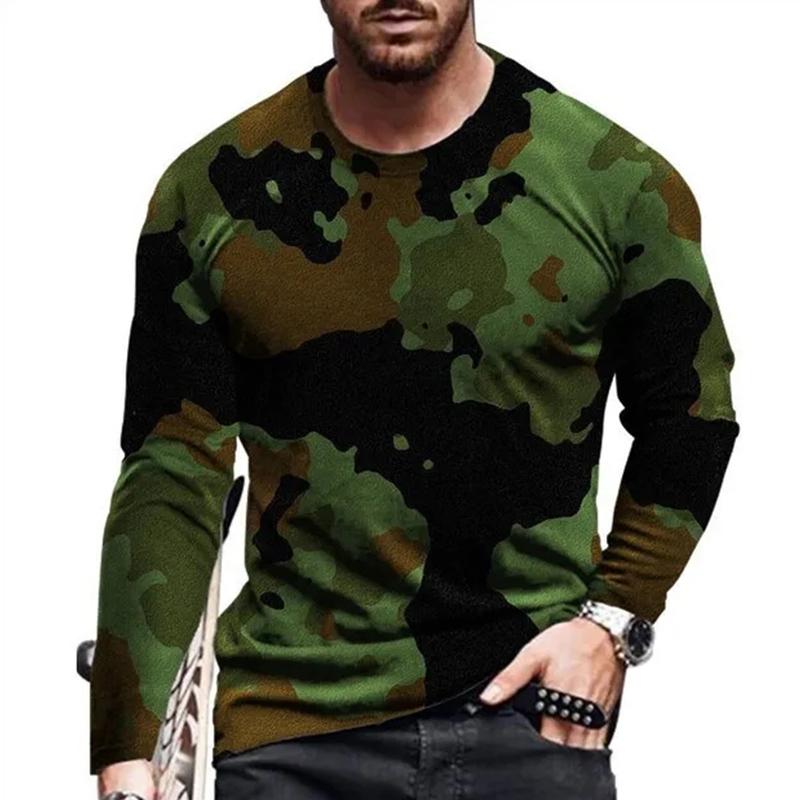 Tide Camouflage Pattern Tričko evropské velikosti s dlouhým rukávem Pro pánské Ležérní Podzimní Trend Trička s kulatým výstřihem