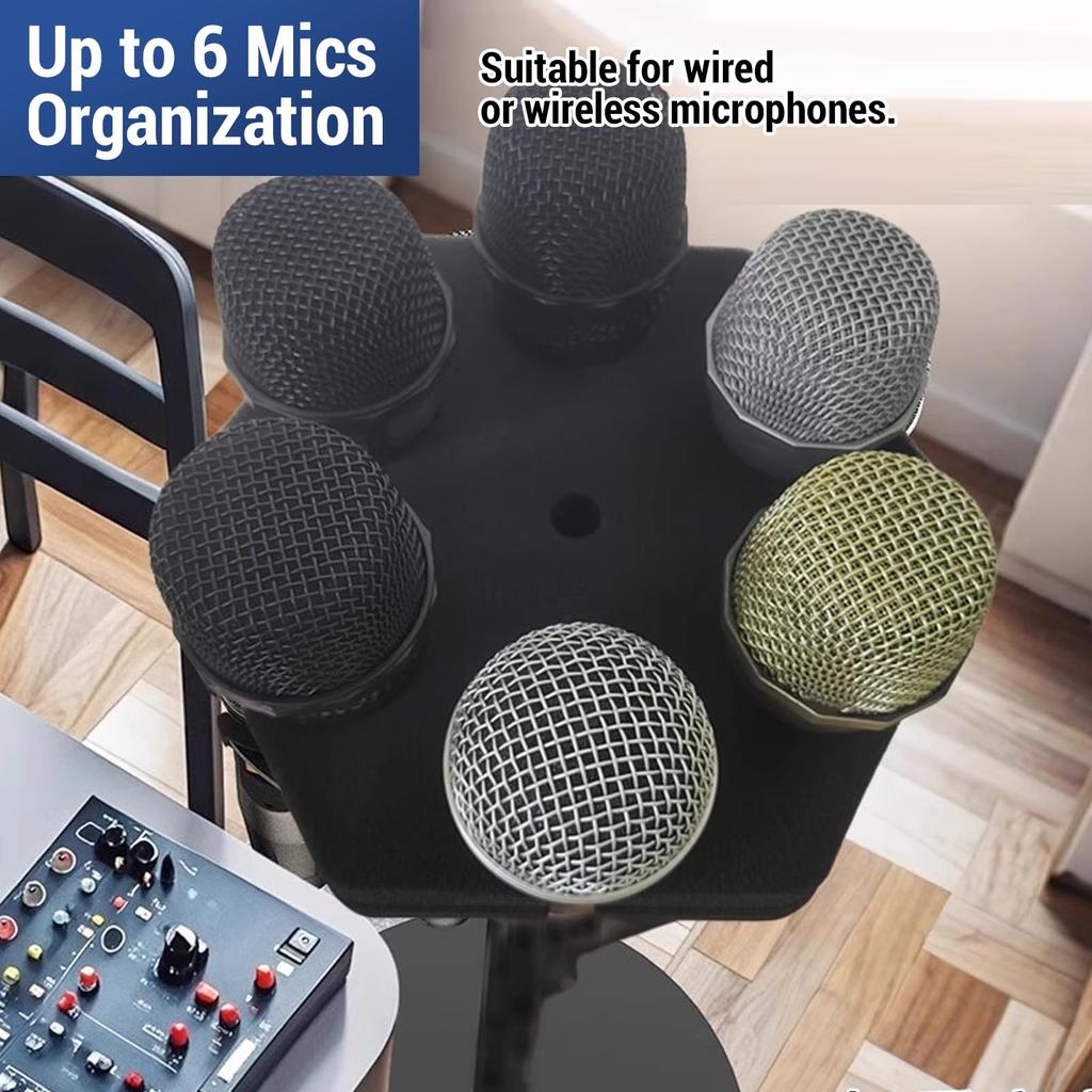 Ochun Microphone Holder, Display and Organize 6 Microphones, with Metal Adapter for Handheld Dynamic Wired Wireless Microphones, ABS Construction,
