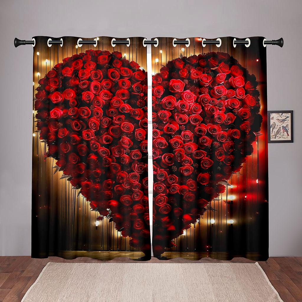 2-delt rose kjærlighet hjerte gardin valentinsdag tema rød romantisk blomster gull stjernelys stue soverom vindusdekor