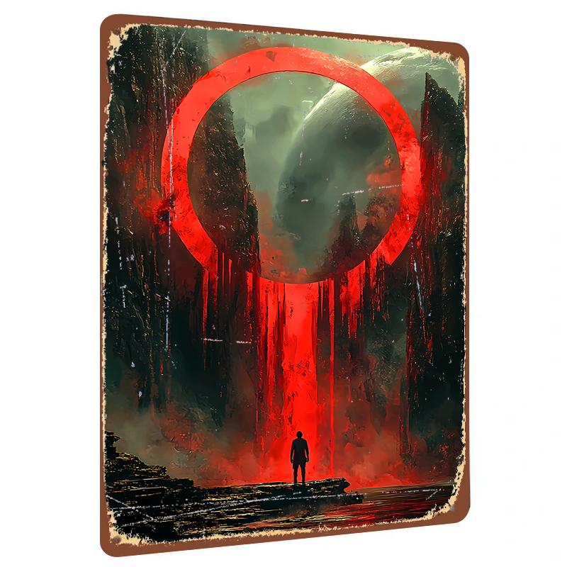 

Red Ring Planet Waterfall Scenery Metal Tin Painting Modern Home Wall Art Decor for Living Room Study 20x30cm（7.8x11.8inch）