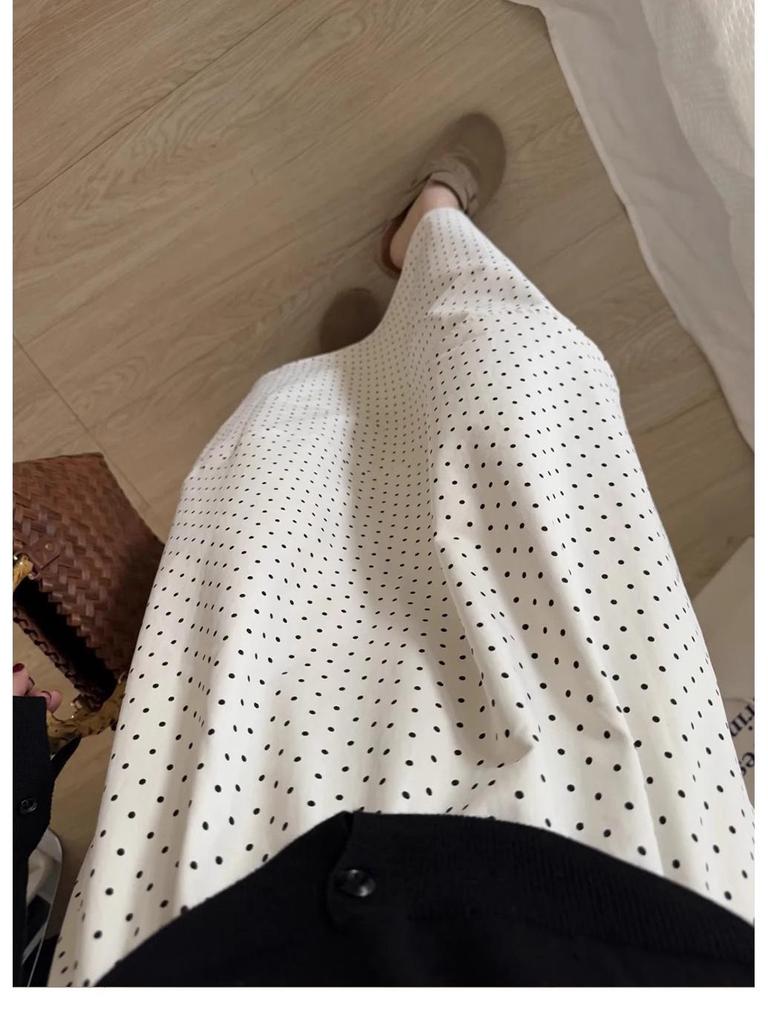 Women's Summer 2025 Navy Blue Polka Dot High-Waisted A-Line Midi Skirt