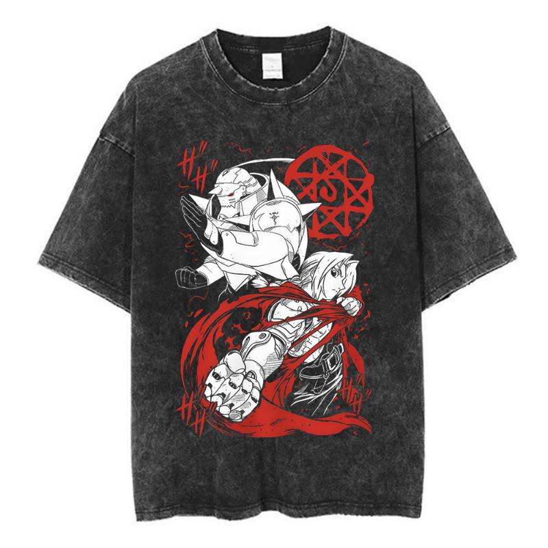 Anime Fullmetal Alchemist Washed T Shirts Edward Elric Alphonse Elric T-Shirt Men's Women Fashion Casual Oversized T-shirts Tops