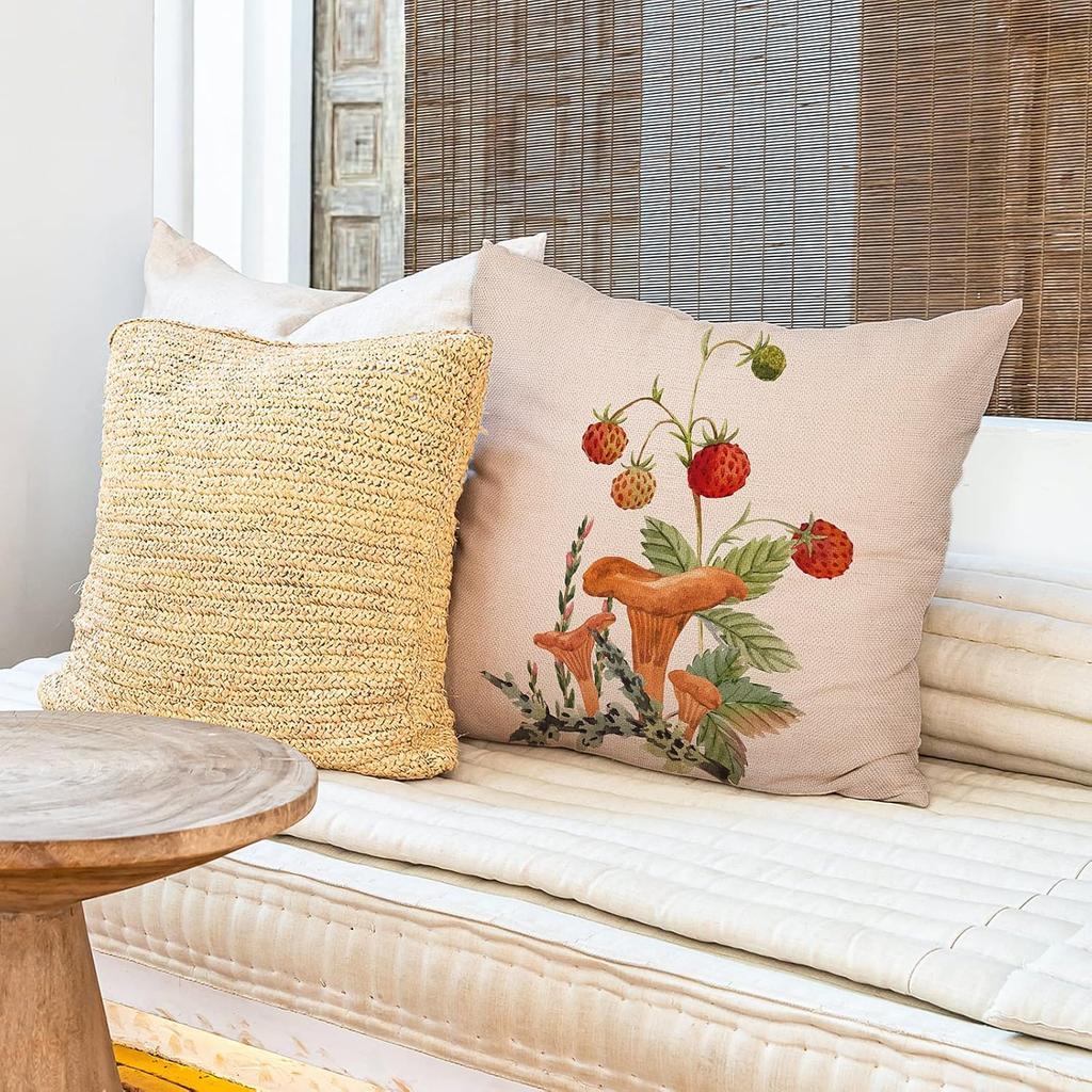 Tudomro 4 Pcs Mushroom Pillow Case 18 x 18 Inch Decorative Square Couch Pillow Cover Cute Cotton Linen Throw Pillowcase for Sofa Living Room Bed
