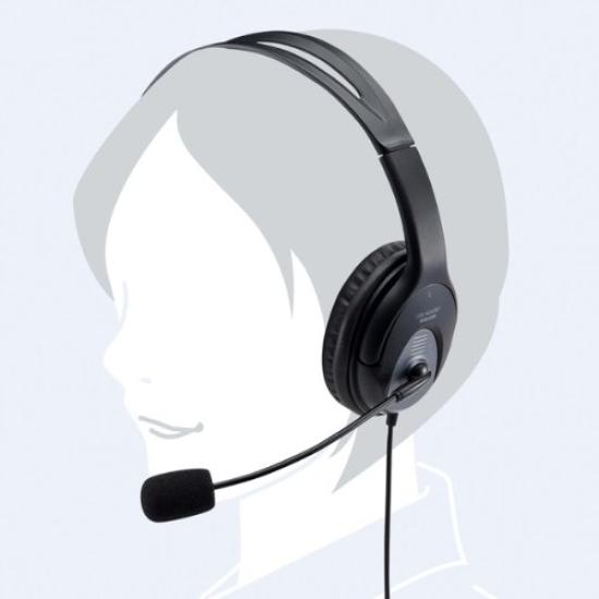 Sanwa Supply USB A Large Soft Ear Headset, Connection, Pads, Omnidirectional, Black, MM-HSUSB17BK